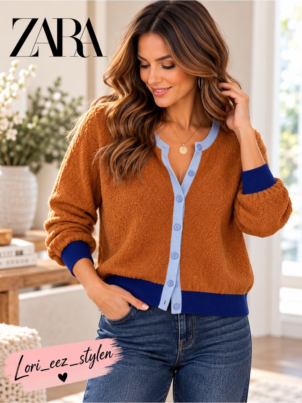 ZARA Rust Cardigan with Light Blue Placket and Royal Blue Trim